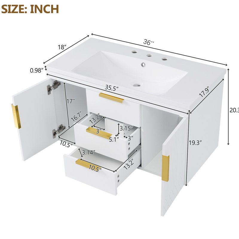 Armoire de salle de bain murale flottante 36 po, 2 tiroirs et armoires, construction de haute qualité, structure, glissière lisse, poignées rouille, finition peinte imperméable, évier 36 po x 18 po, conception peu encombrante,
