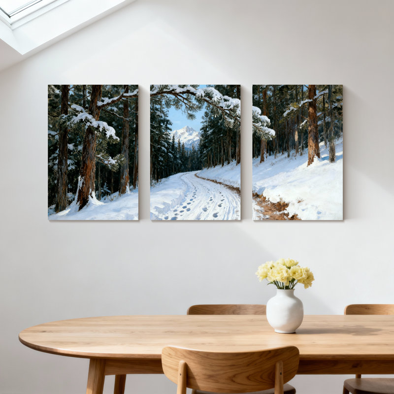Winter forest Snowy Forest Path, paysage d'hiver, ensemble de 3 impressions sur toile, H 36 po x l 72 po