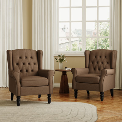 Fauteuil d'appoint à oreilles capitonné avec accoudoirs roulés et coussin épais rembourré brun Duward