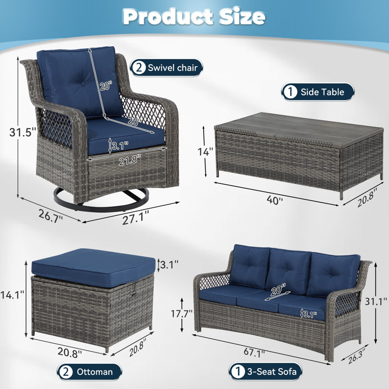 Chaises de patio pivotantes et rotatives en osier avec table en PEHD (6 pièces), Gris, Bleu très foncé