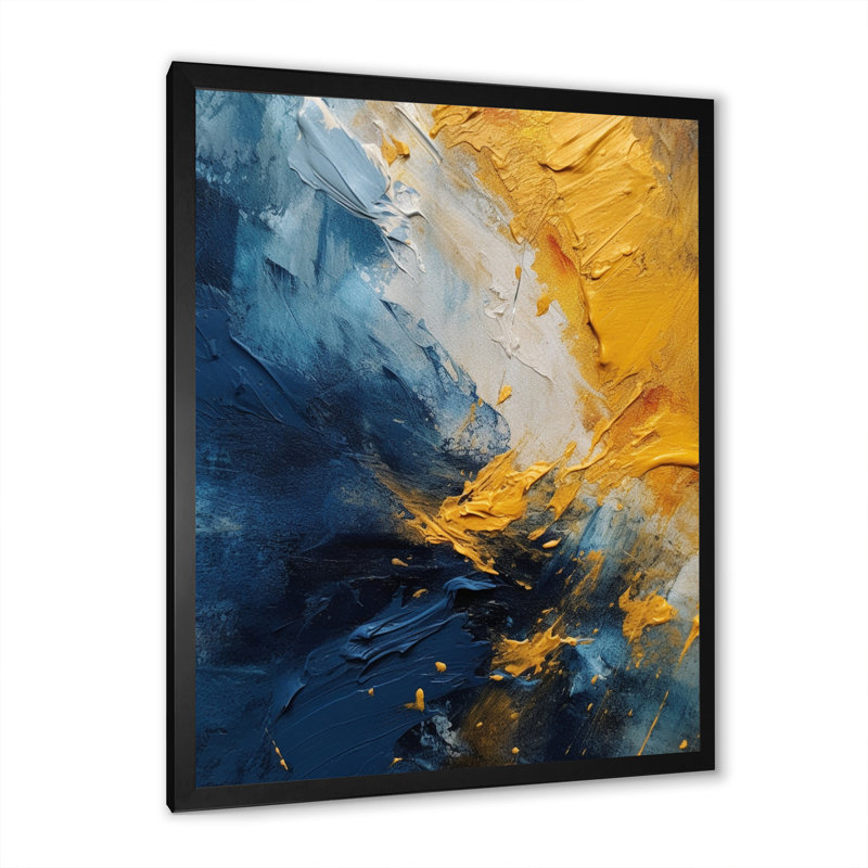 Expressions intuitives bleues et jaunes II - Art mural abstrait pour le salon, Cadre simple noir, H 20 po x l 12 po x P 1 po