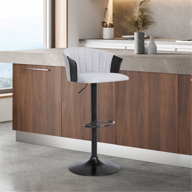 Tabouret de bar réglable en bois noir en tissu gris clair avec métal noir, Gris clair