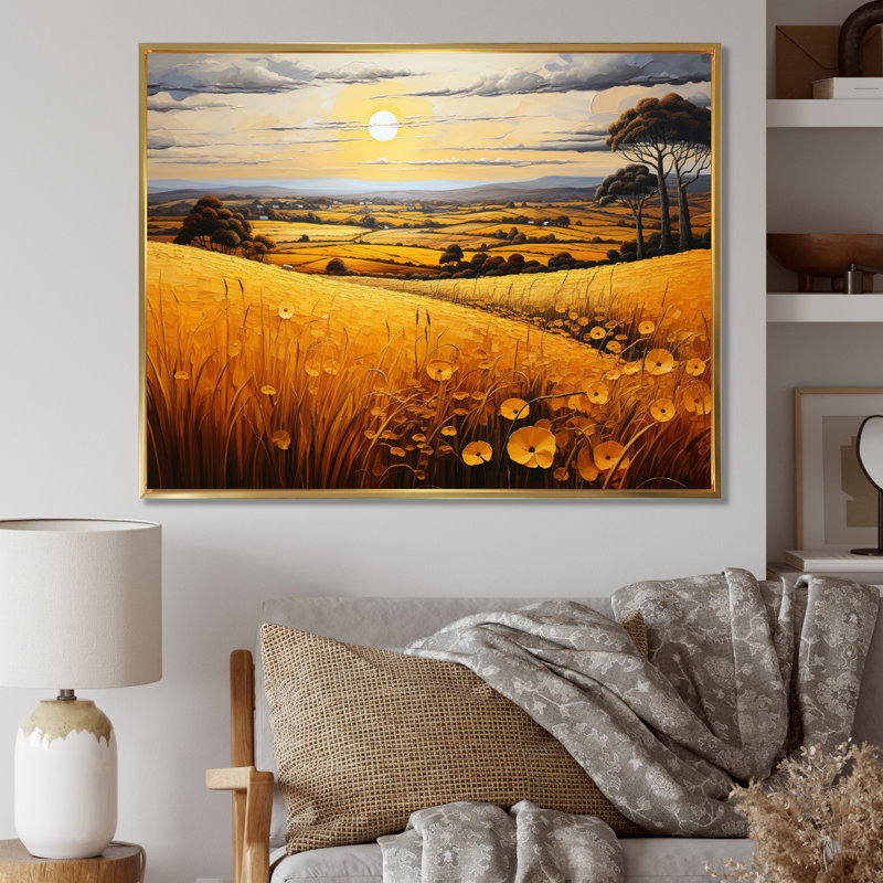 Countryside Rustling Wheat Field III - Landscapes Wall Art Living Room, Cadre flottant doré, H 16 po x l 32 po x P 1 po