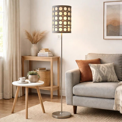 Lampe rétro sur pied, abat-jour tambour gris et blanc de 62 po, interrupteur à chaîne
