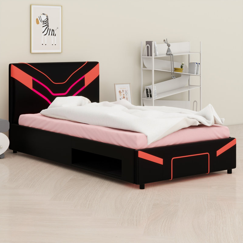 Lit plateforme tapissier à DEL avec tiroirs, Rouge
