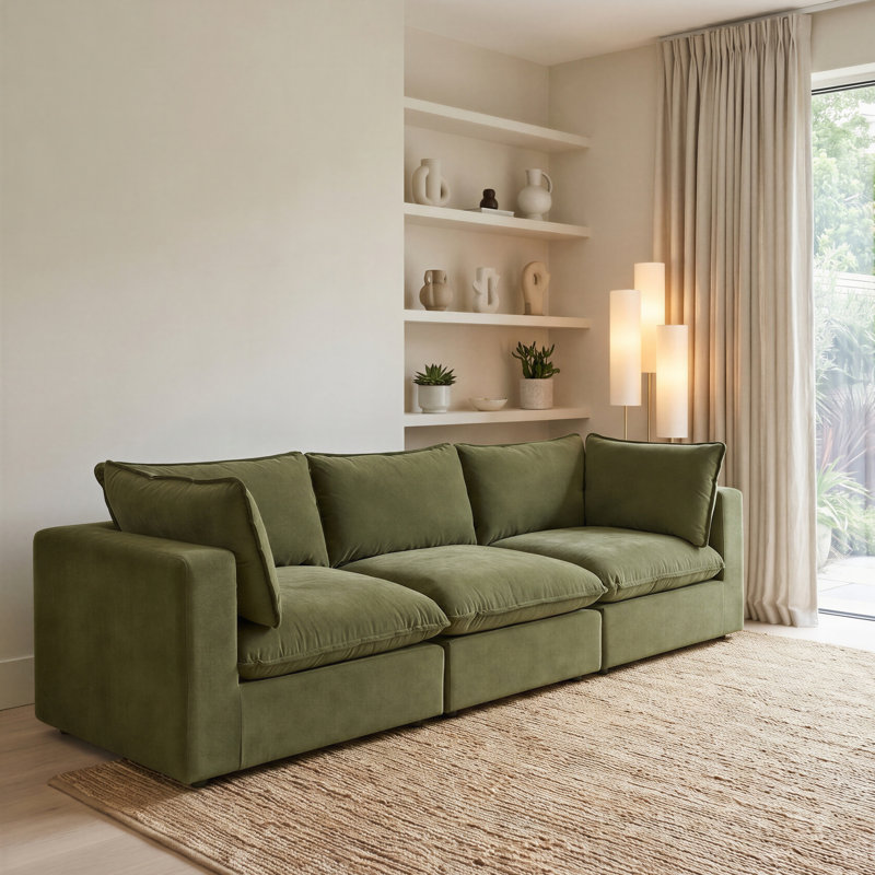 Alexa Upholstered Linen-Look Fabric Modular Sofa - Cozy Modern Design, Green, 3 Seat Sofa