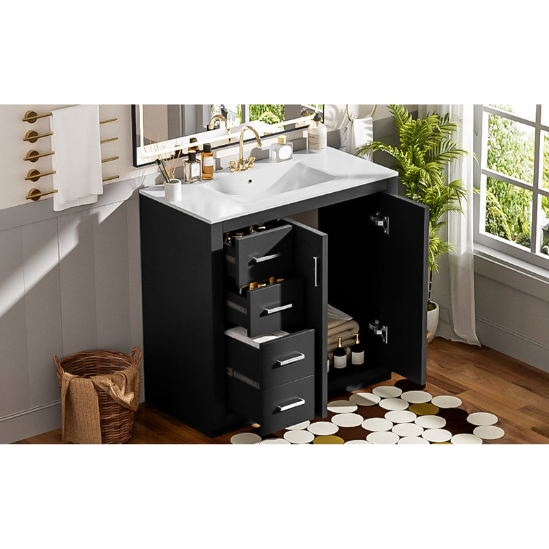 Meuble-lavabo de 36 pouces avec lavabo en céramique, structure en bois massif, charnières, rangement, rangement spacieux pour diverses fournitures, armoire de style rétro, poignées en métal exquis, glissière de tiroir lisse,