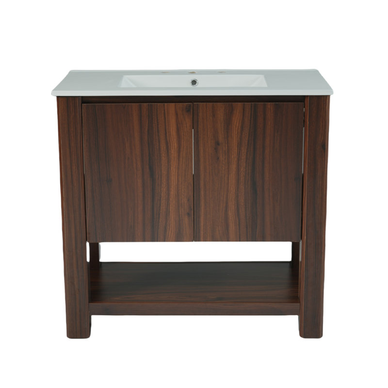 Meuble-lavabo moderne 35,5 po avec lavabo rectangulaire en céramique, Brun antique