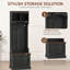 Meuble de rangement noir 3 en 1 à grain de bois noir - combinant une armoire à chaussures, un banc et des crochets à manteau - pour répondre aux besoins de rangement du vestibule.