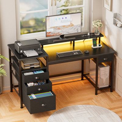 Reversible Gaming Computer Desk with Charging Station, LED Lights, File Cabinet, Monitor Stand, 4 Drawers & Shelves, Home Office