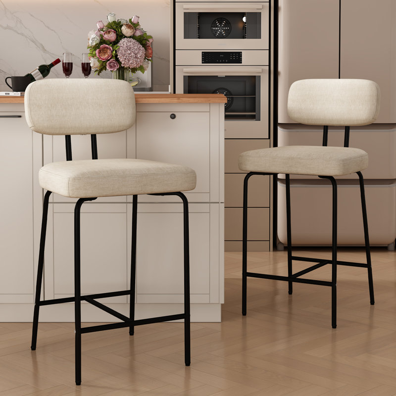 Counter Height Bar Stools , 26 inch Barstools , Fabric Kitchen Counter Stools with Back,  Bar Chairs, White Seat/ Black Base
