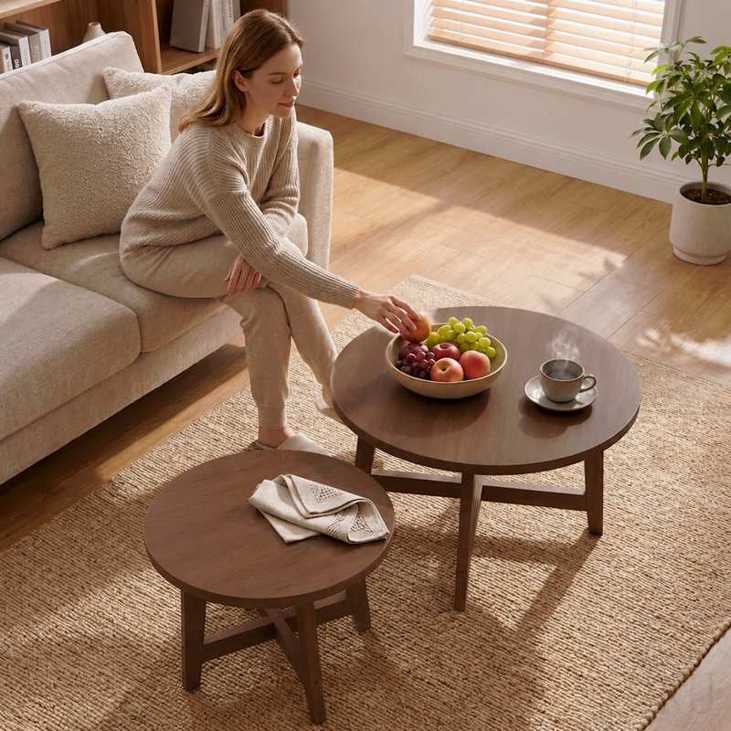 Ensemble de 2 tables basses gigognes rondes, fini noyer, tables d'appoint modernes, structure en X, empilables, idéales pour le salon, la chambre ou le balcon.