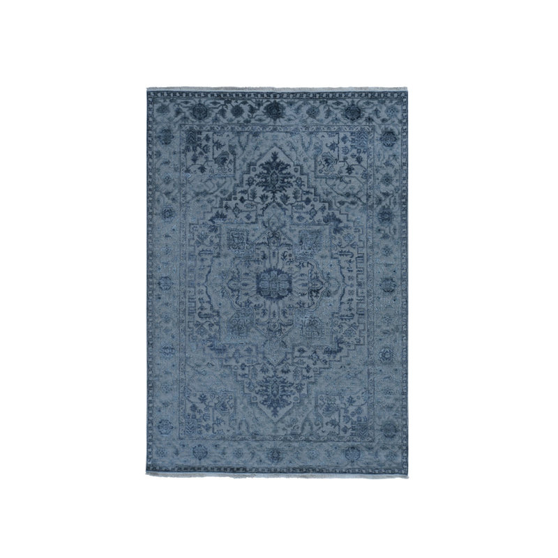 Tapis gris en laine et en soie noué à la main 6 pi x 9 pi 2 po Heris