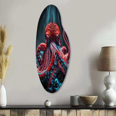 Red Octopus On The Ocean Floor IV - Animal Octopus Curved Shape Asymmetric Metal Wall Art