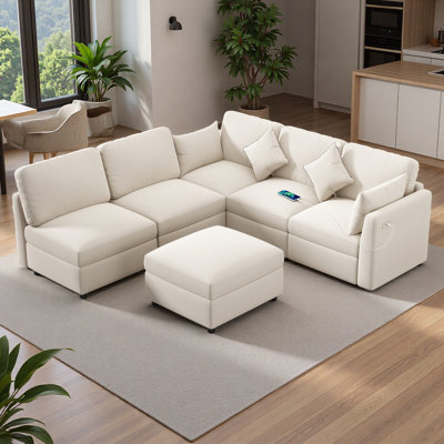 86.6" Modular Sectional Sofa With Movable Ottoman, U-shaped Convertible Sofa Bed With Usb Ports, Chenille L-shaped Couch For Living Room