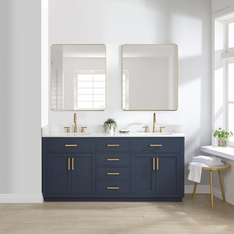 Gavino Double Bathroom Vanity Set with Mirror, Blue, 72", Gold