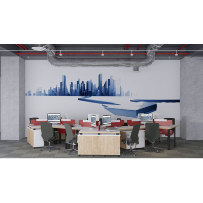 Blue City Skyline Wall Decal, Modern Office Vinyl Sticker, Corporate Workspace Decor 678MV