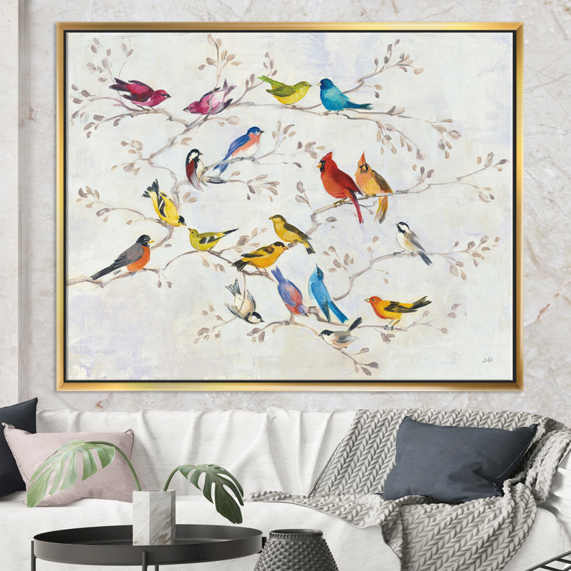 « multi-color oiseau on tree », reproduction d’impression sur toile encadrée modern campagne, H 16 po x l 32 po x P 1 po