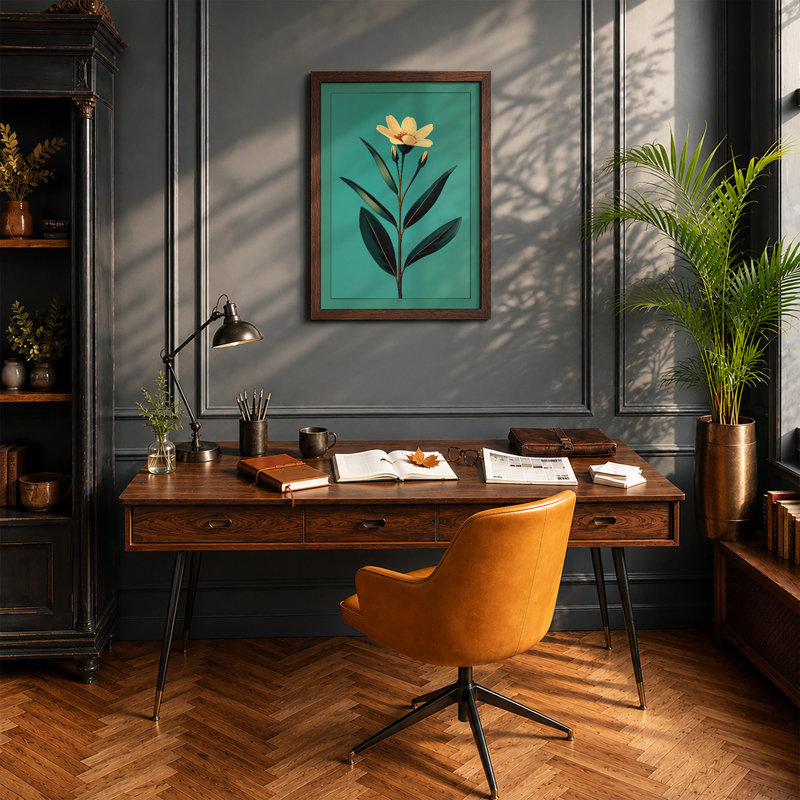 Golden Bloom Botanical - Framed Print, A4 - 29.7 x 21.0 cm, Walnut