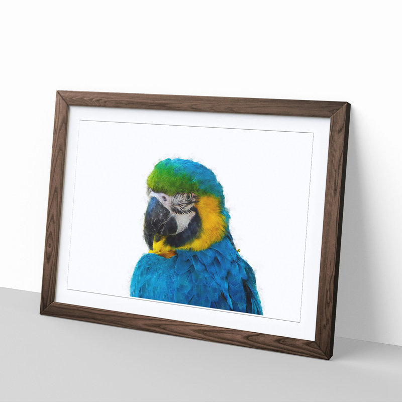 Blue & Yellow Macaw Parrot Painting 1 Piece Single Picture Frame Wall Art on MDF, 45cm H x 33cm W x 2cm D, Walnut