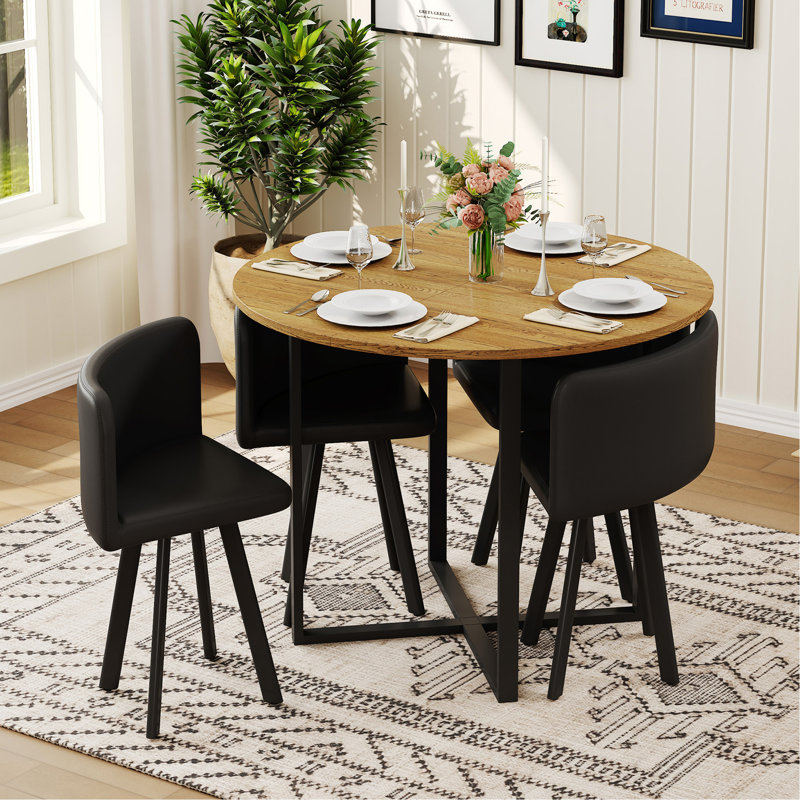 Ensemble de table de salle à manger rustique et 4 chaises en cuir PU - Ensemble de table de cuisine 5 pièces pour petits espaces, appartement, coin repas, finition grain de bois, chaises noires