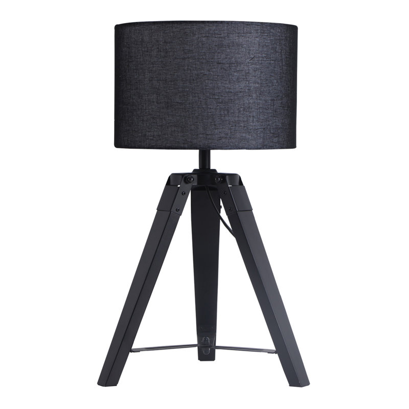 18 po Lampe de table à trépied en bois d'hévéa noir avec abat-jour en tissu de lin