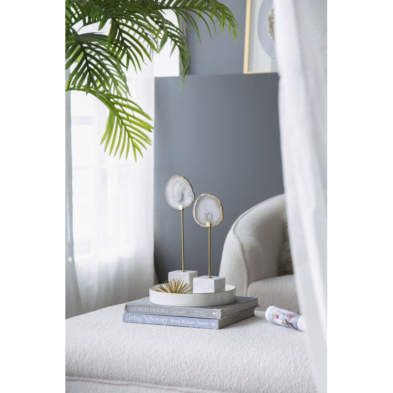 S/2 White Agate Decorative Statuaries with Gold Aluminum Stand and Marble Pedestal, White/Gold