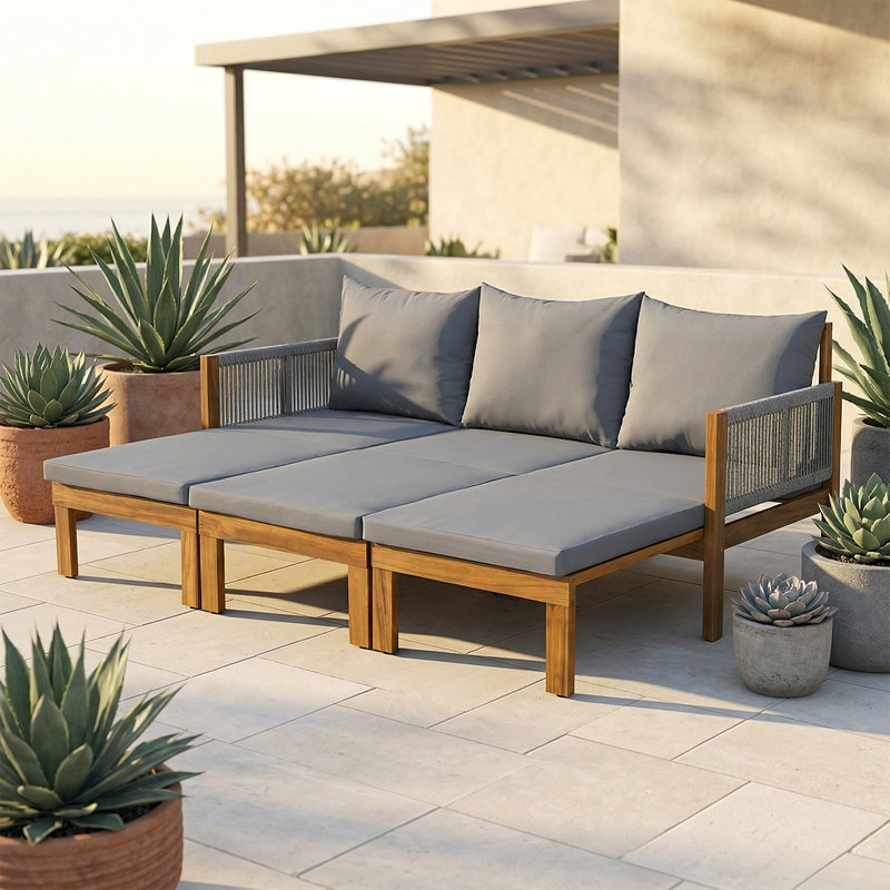 Lit de jour convertible d'extérieur en bois d'acacia - Canapé de patio imperméable avec accoudoirs tissés à la corde, Gris