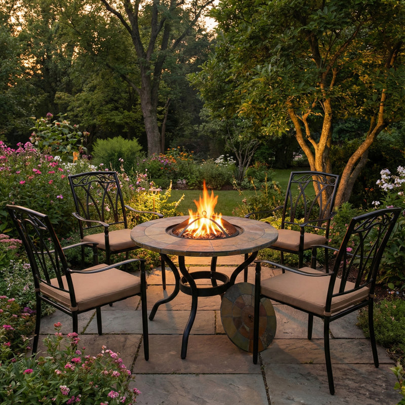 Bayfield FIREPIT 89cm Table with 4 ASCOT Chairs Garden Set