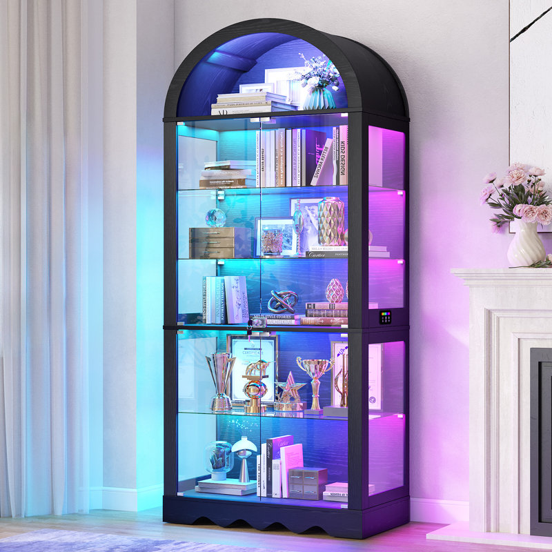 Vitrine à 6 niveaux en verre avec lumières RVB et vitrine arquée verrouillable, Noir