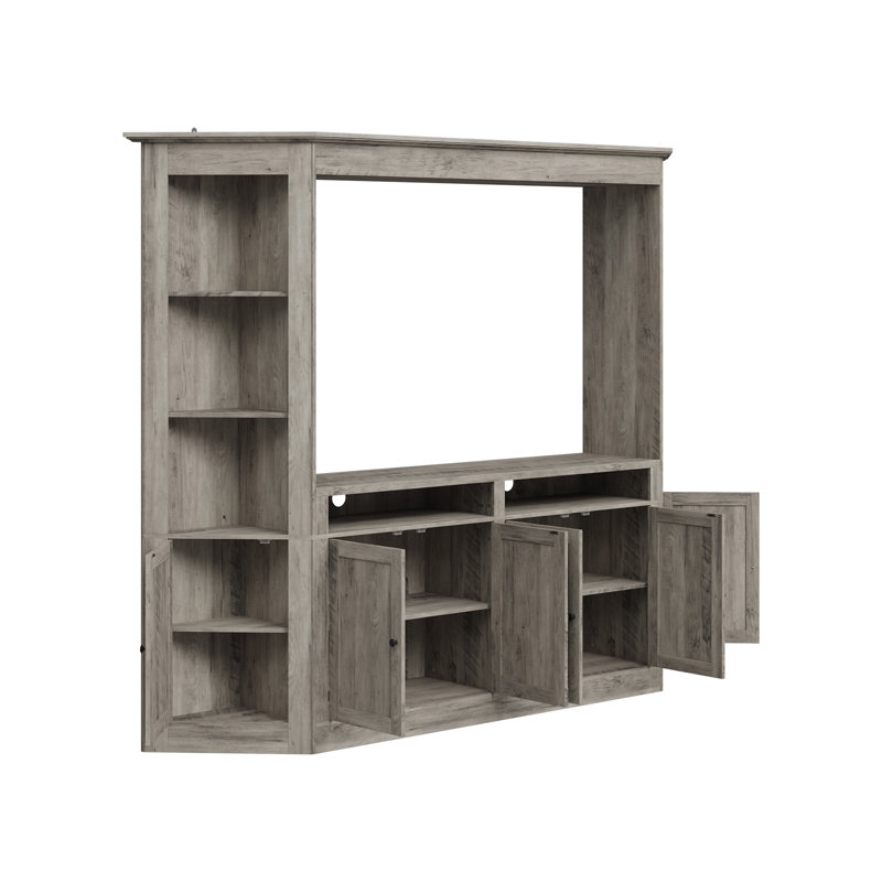 Gray Wash 100 In. Entertainment Center With Solid Wood Top, Corner Shelves, And 8 Storage Cabinets
