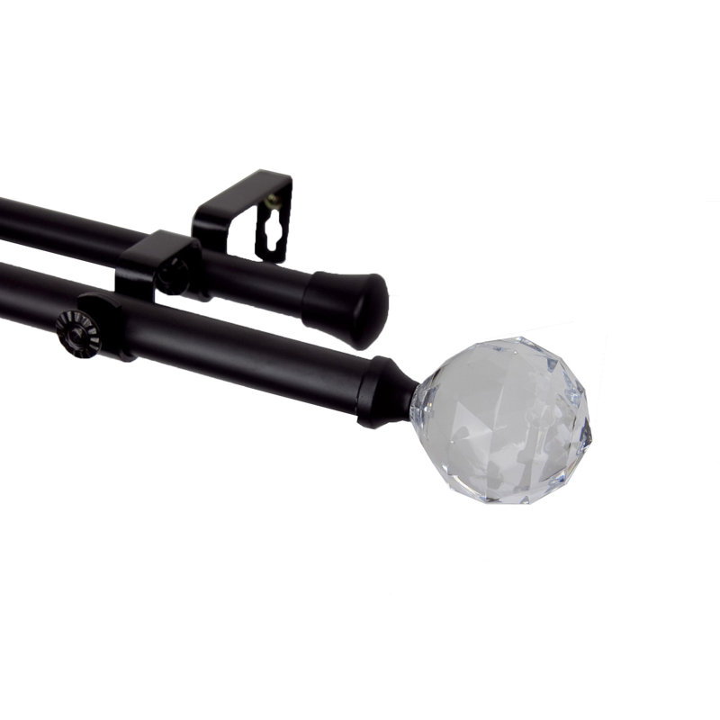 Adjustable Black and Gold Double Curtain Rod with Crystal Finial