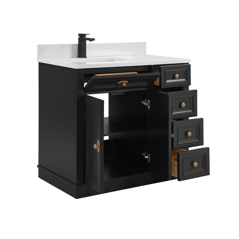 36" Solid Wood Sink Vanity  With 1' Artificial Stone Top, Tricorn Black, Rose Gold