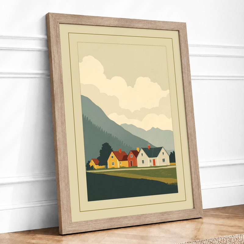 Houses and Mountains Scandinavian - Framed Print, A3 - 42.0 x 29.7 cm, Oak