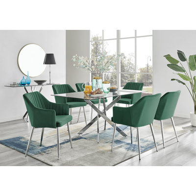 Lenworth Chrome and Glass Rectangular Dining Table Set with 6 Luxury Modern Velvet Chairs