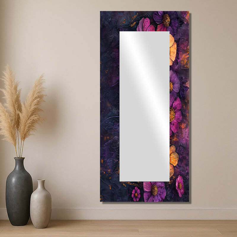 Zinnias Flowers Lavender Midnight Field I - décoration murale miroir floral - imprimé sur métal, 28 po x 60 po