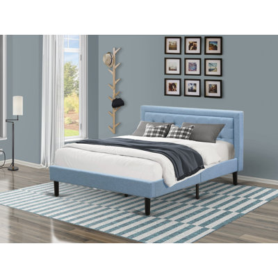 Lit plateforme grand format - Lit en tissu d'ameublement en lin bleu denim avec garniture capitonnée à boutons - Pieds noirs
