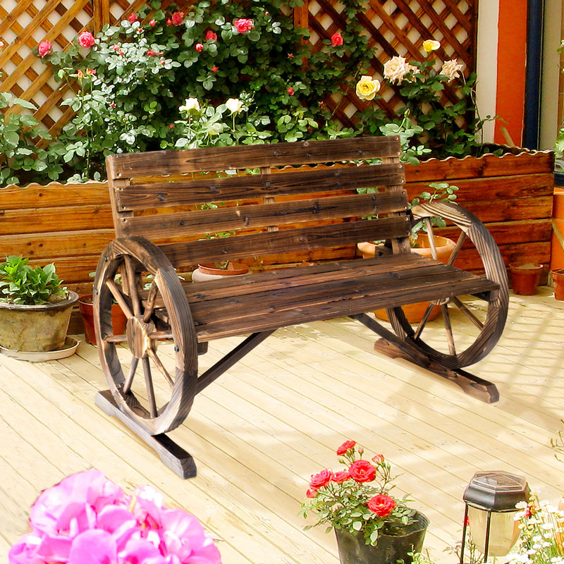 41" Wooden Patio Bench, Rustic Style With Wagon Wheel , , 2 Seat And Stable Construction, Solid Wood, Brown Bench For Patios, Delight, Weather-, Seat, Fir Wood Structure