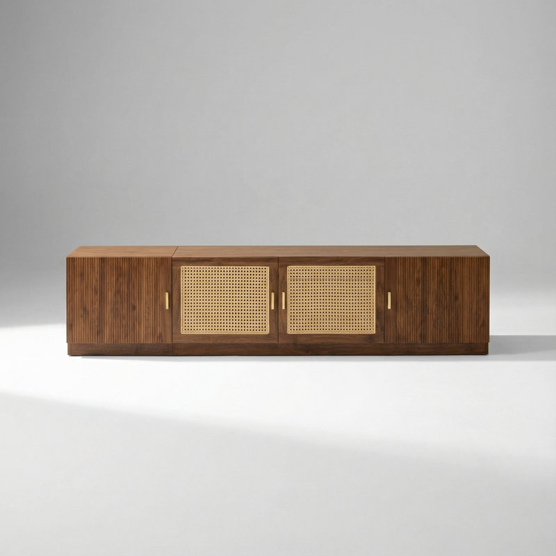 Console média moderne avec portes décoratives en rotin pour téléviseurs grand écran