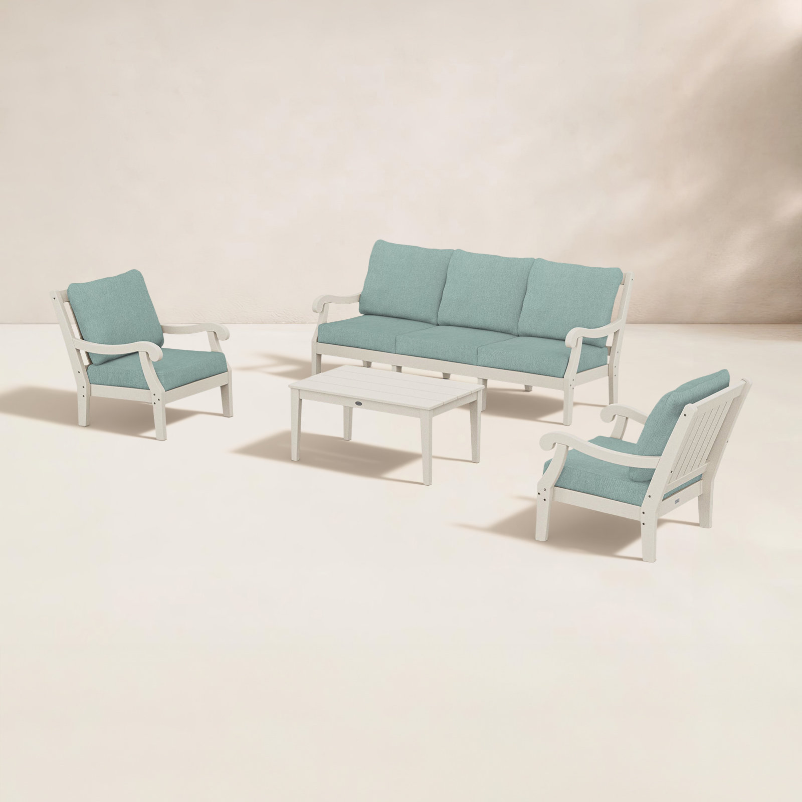 POLYWOOD® Verlyn 5-Person Patio Seating Group, Glacier Spa Cushion/Sand Frame