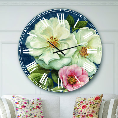 Handpainted Blue Damask Flowers - Farmhouse Wall Clock