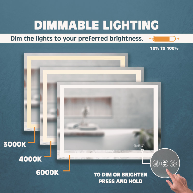 Luxury LED Rectangular Bathroom/Wall Mirror - Dimmable, Fogproof, Shatterproof, 36" x 48"