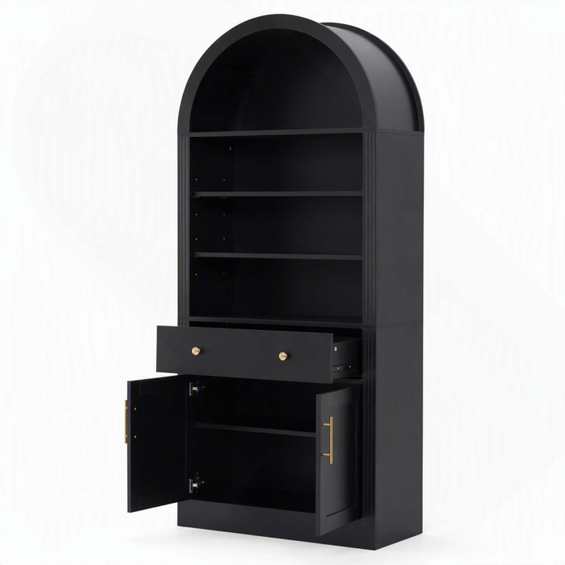 Bibliothèque haute cintrée avec portes à tiroirs et tablettes ajustables pour différents espaces, Black(2PC)