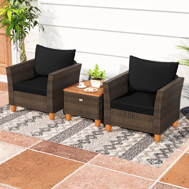 3 Pcs Outdoor Patio Rattan Bistro Furniture Set Wooden Table Top Cushioned Sofa , Black