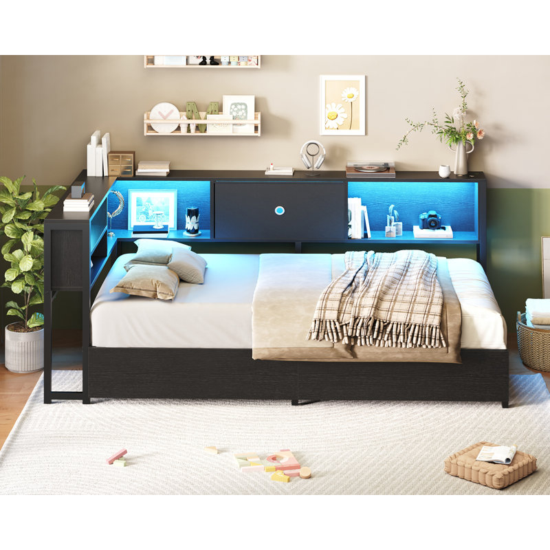Lit de coin double avec rangement, éclairage DEL et station de recharge, cadre de lit double en forme de L avec tête de lit et tiroirs de rangement, lit plateforme en métal avec bibliothèque pour chambres à coucher