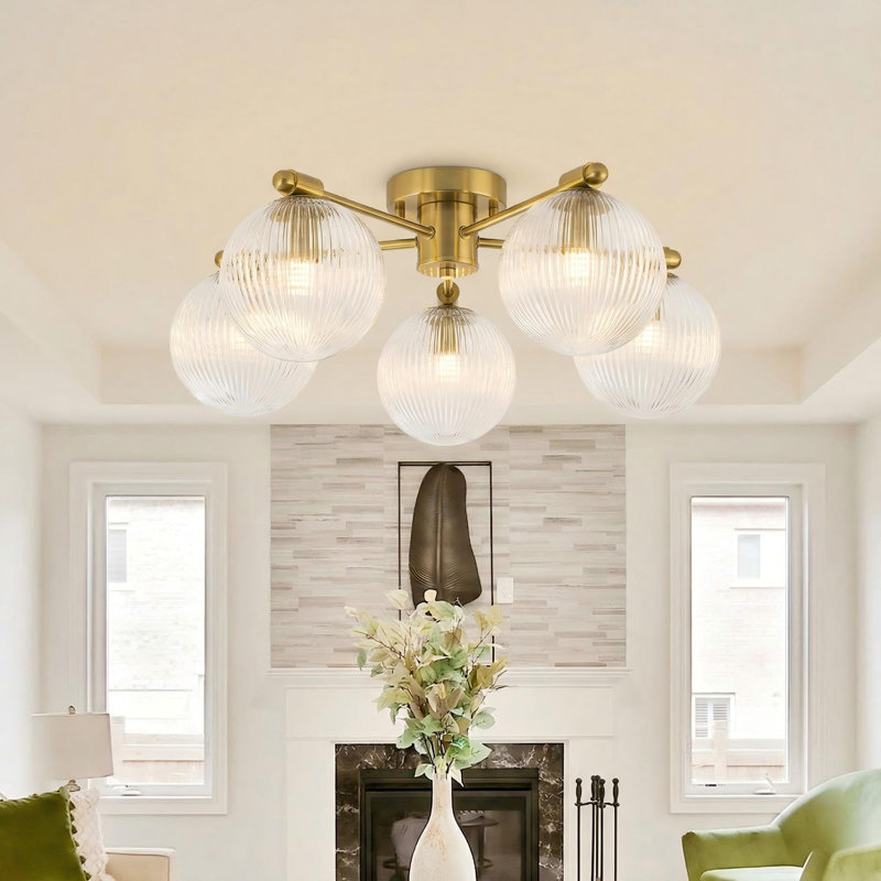 5-Light Mid-Century Glass & Metal Flush Mount Ceiling Light