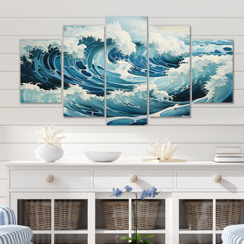 Bleu sarcelle blanc océan océanique Odyssey I - décoration murale nautique et plage - 5 panneaux