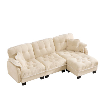 100.7" Upholstered Tufted Modular Sectional Sofa with a Ottoman, Pom-Pom Trim and 2 Throw Pillows
