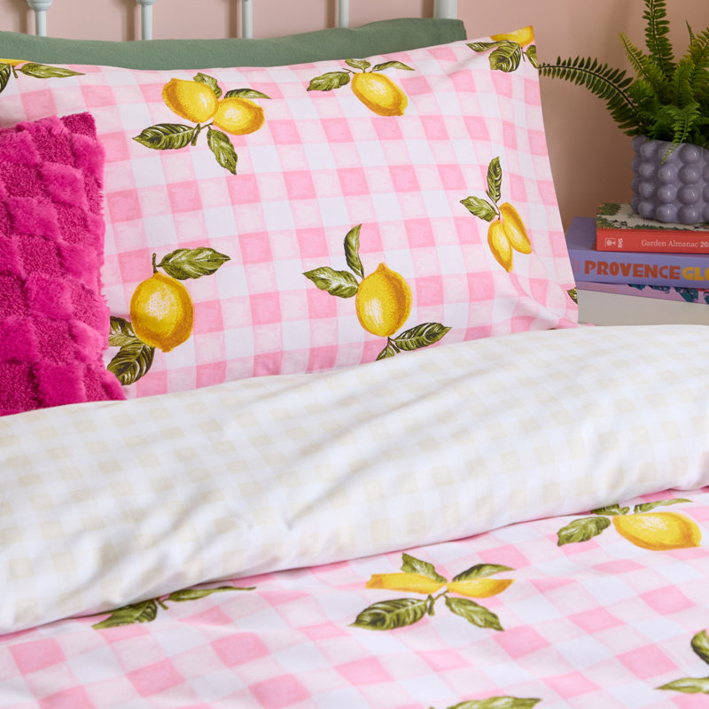 Gingham Lemons Cotton Blend Gingham Duvet Cover Set with Pillowcases, Kingsize Duvet Cover + 2 Standard Pillowcases