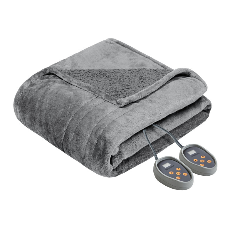 Twin Gray Reversible Fleece Heated Blanket with Controller